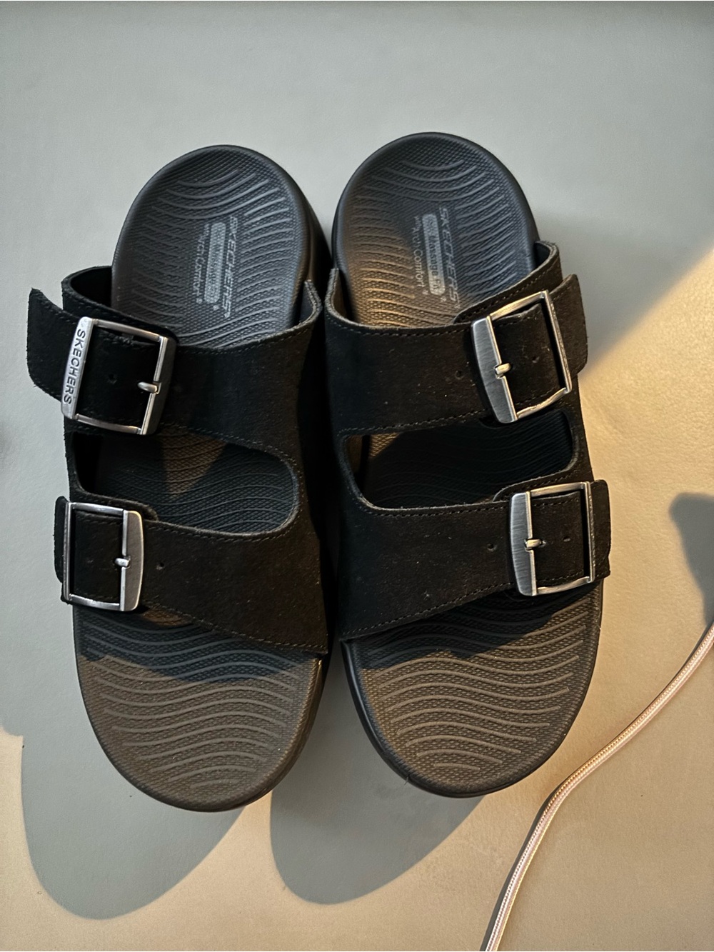 Skechers Women’s Black Double-Buckle Slide Sandals with Silver Buckles
